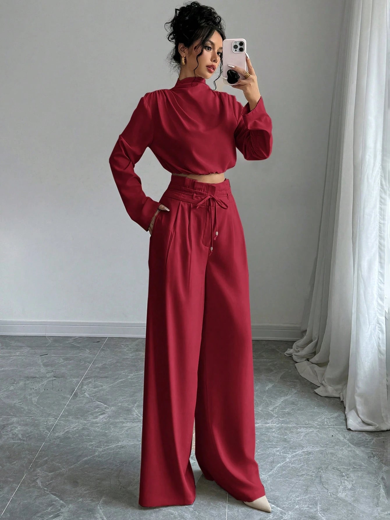 Firerie Women's Elegant Stacked Collar Shirt Top And Wide Leg Trousers shein