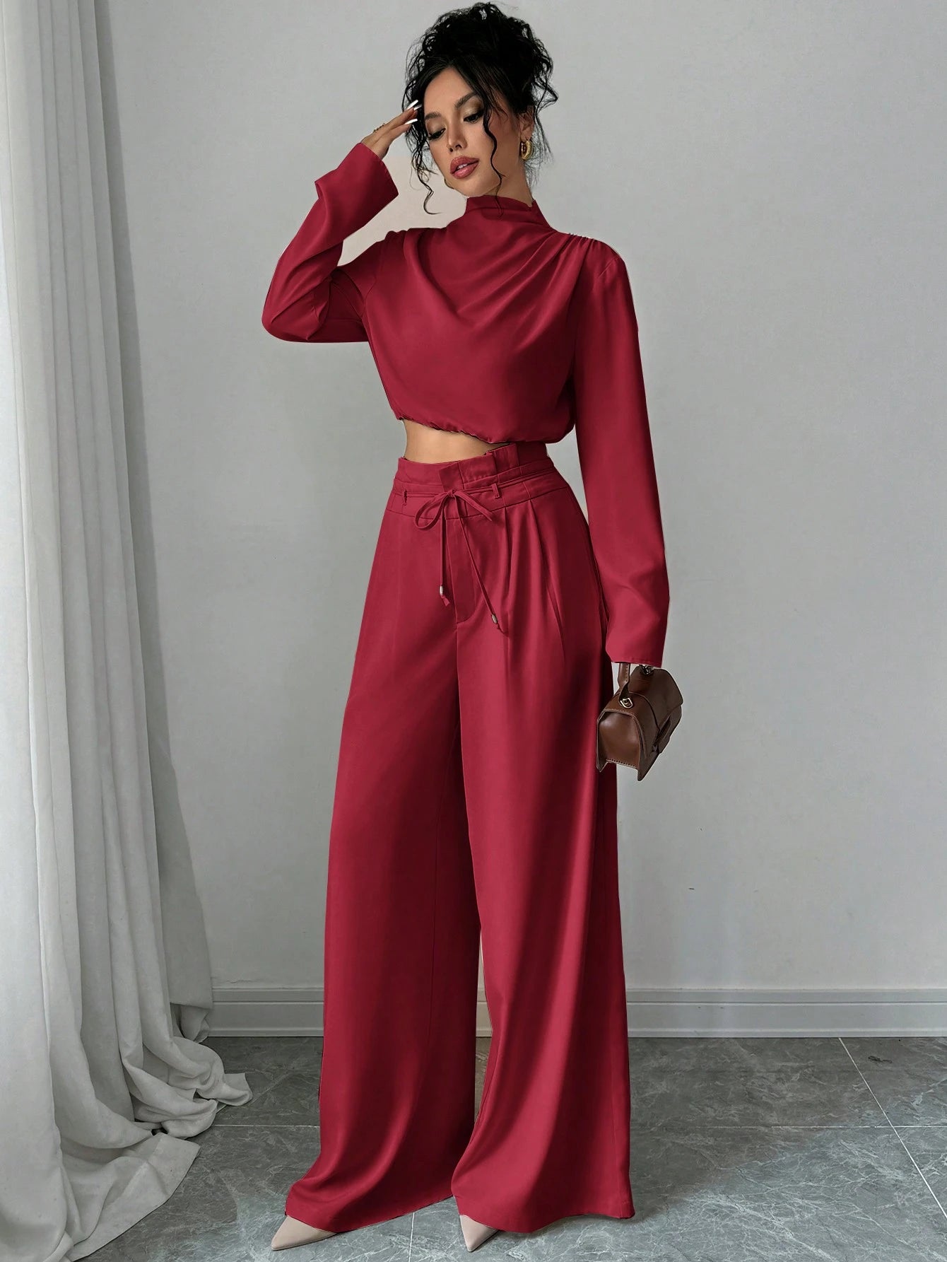 Firerie Women's Elegant Stacked Collar Shirt Top And Wide Leg Trousers shein