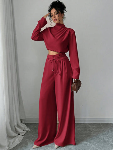 Firerie Women's Elegant Stacked Collar Shirt Top And Wide Leg Trousers