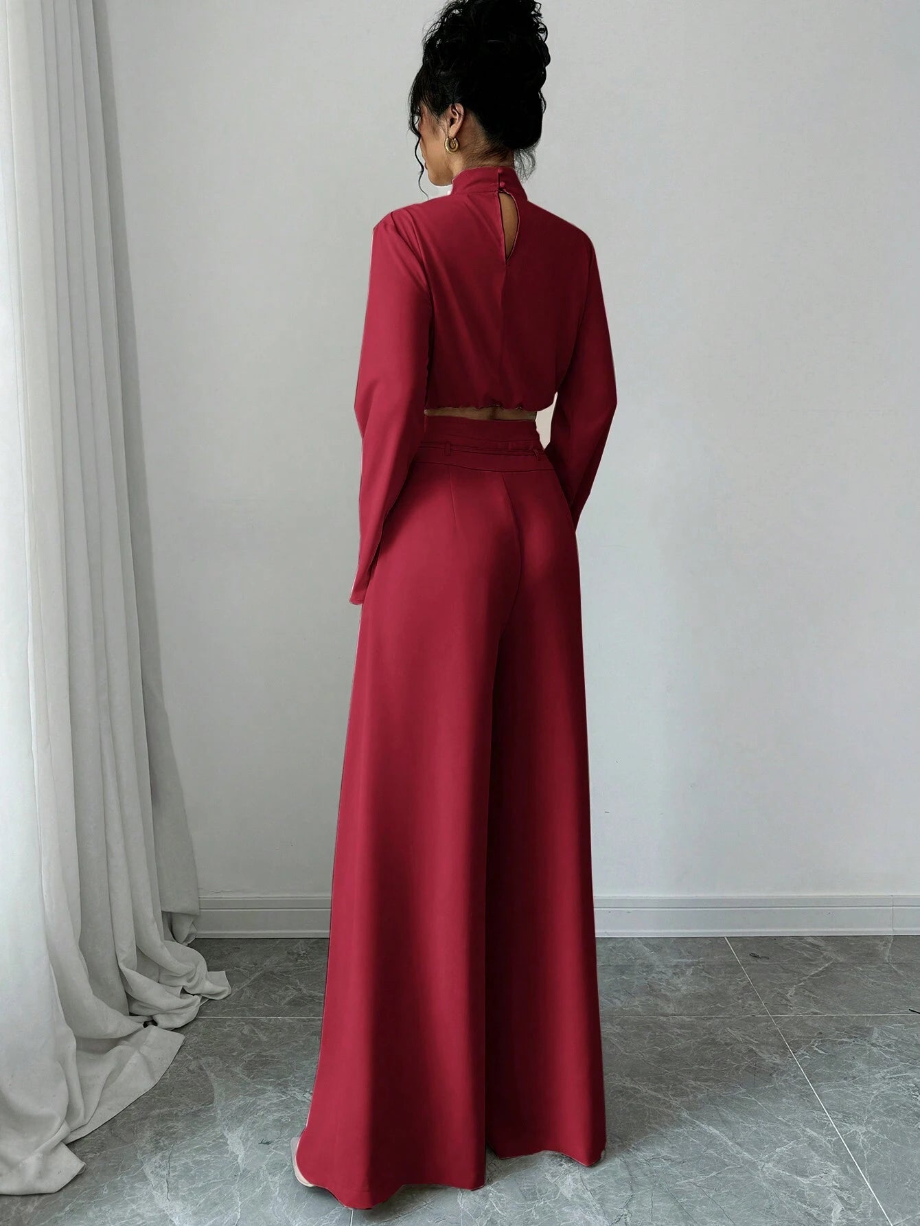 Firerie Women's Elegant Stacked Collar Shirt Top And Wide Leg Trousers shein
