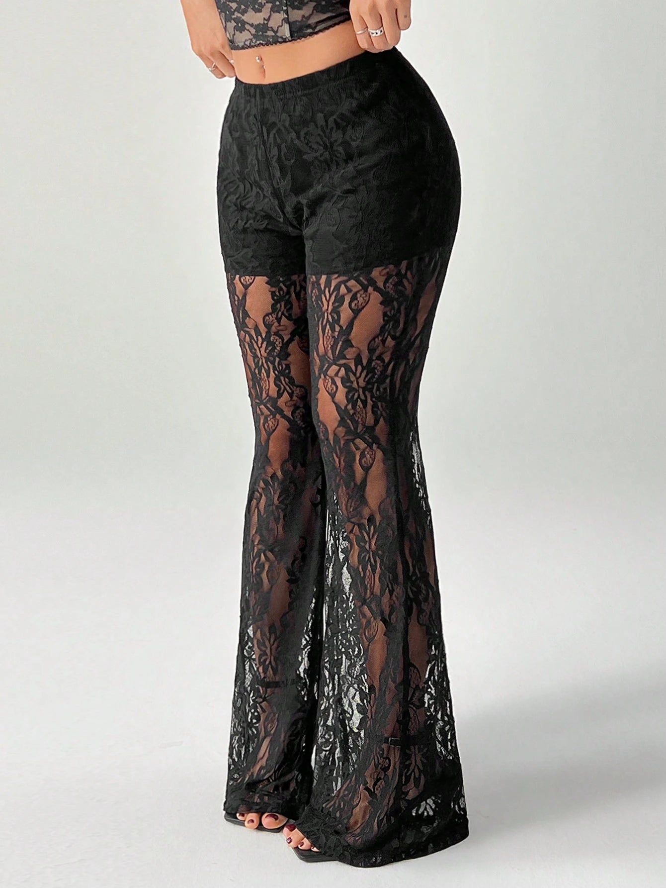 PETITE Women's High Waist Flare Lace Knit Vacation Pants shein