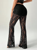 PETITE Women's High Waist Flare Lace Knit Vacation Pants shein