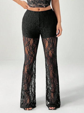 PETITE Women's High Waist Flare Lace Knit Vacation Pants