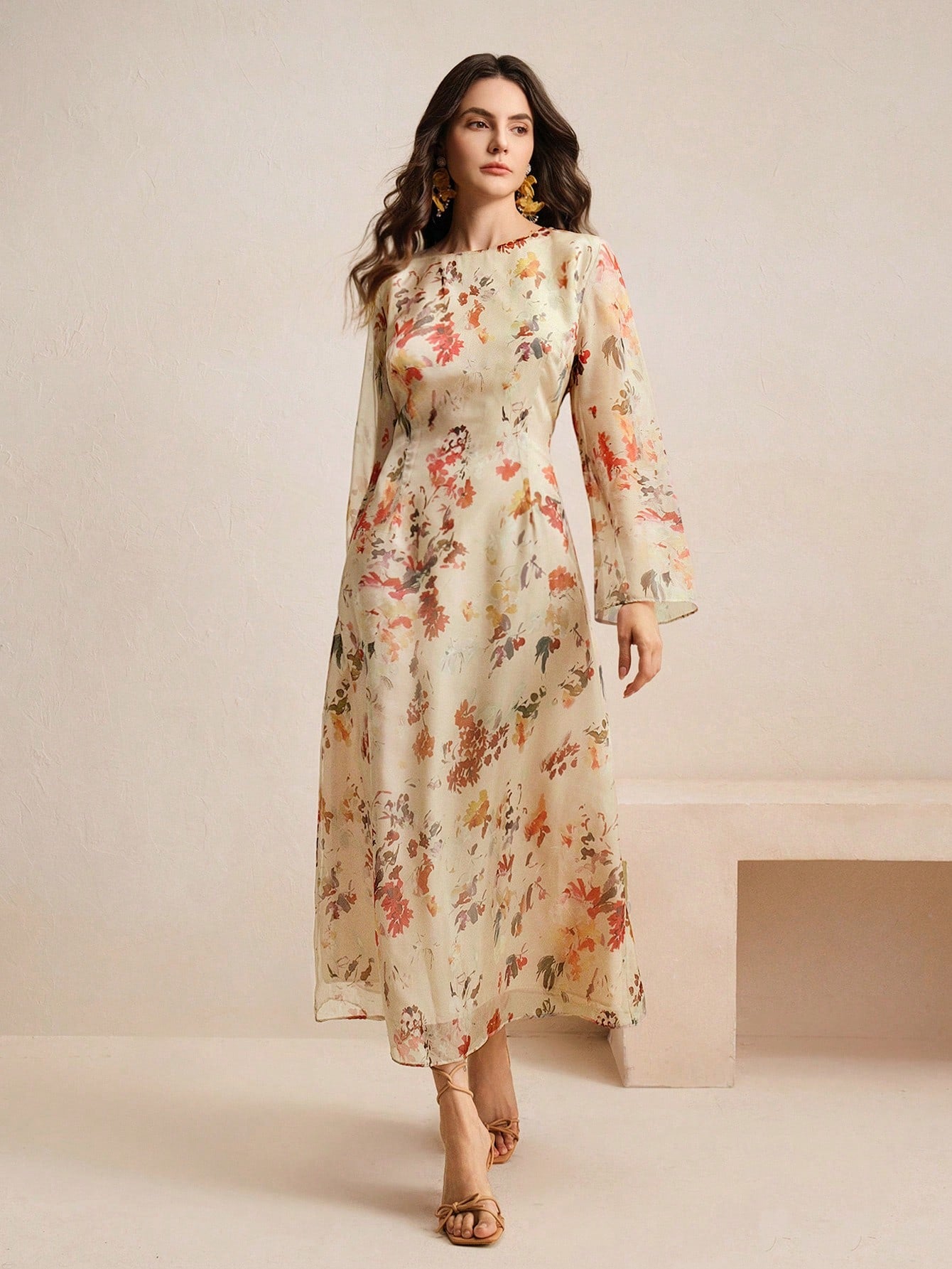 Women's Floral Print Vacation Style Long Sleeve Dress shein