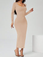 PETITE Autumn Wear Solid Color Square Neck Tight Black Long-Sleeved Dress shein