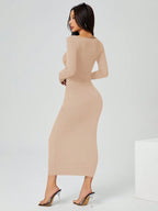 PETITE Autumn Wear Solid Color Square Neck Tight Black Long-Sleeved Dress shein