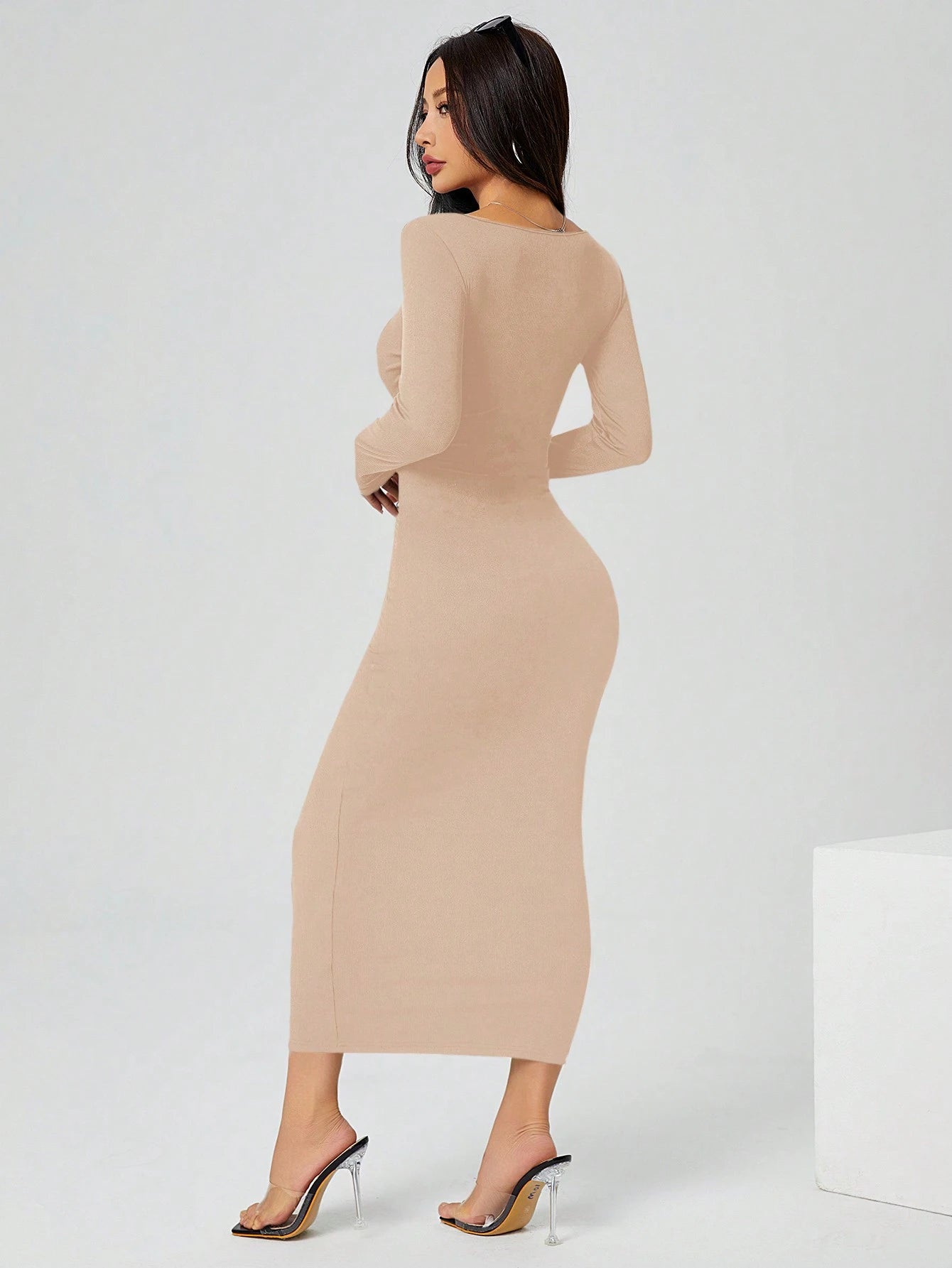 PETITE Autumn Wear Solid Color Square Neck Tight Black Long-Sleeved Dress shein