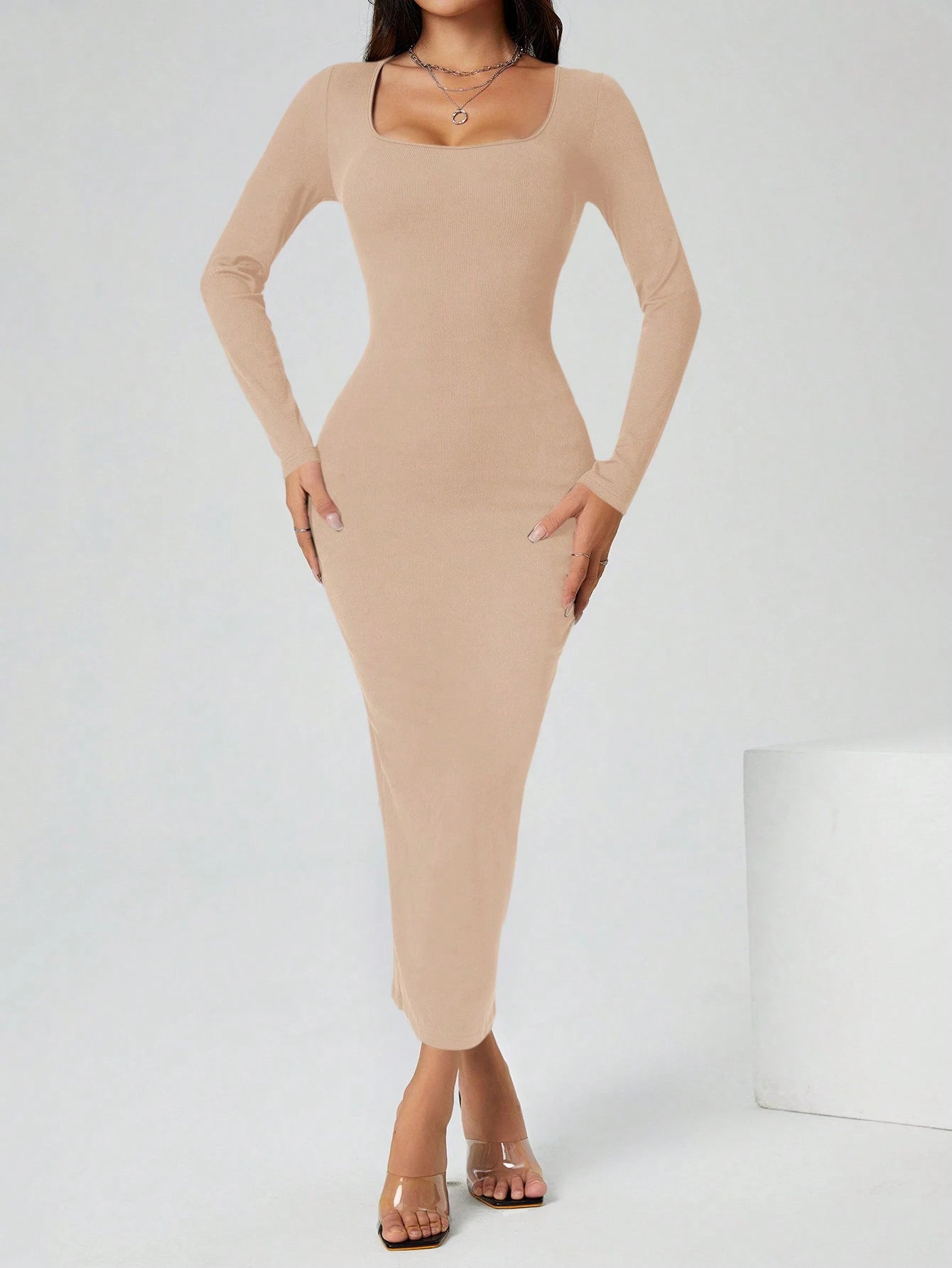 PETITE Autumn Wear Solid Color Square Neck Tight Black Long-Sleeved Dress shein