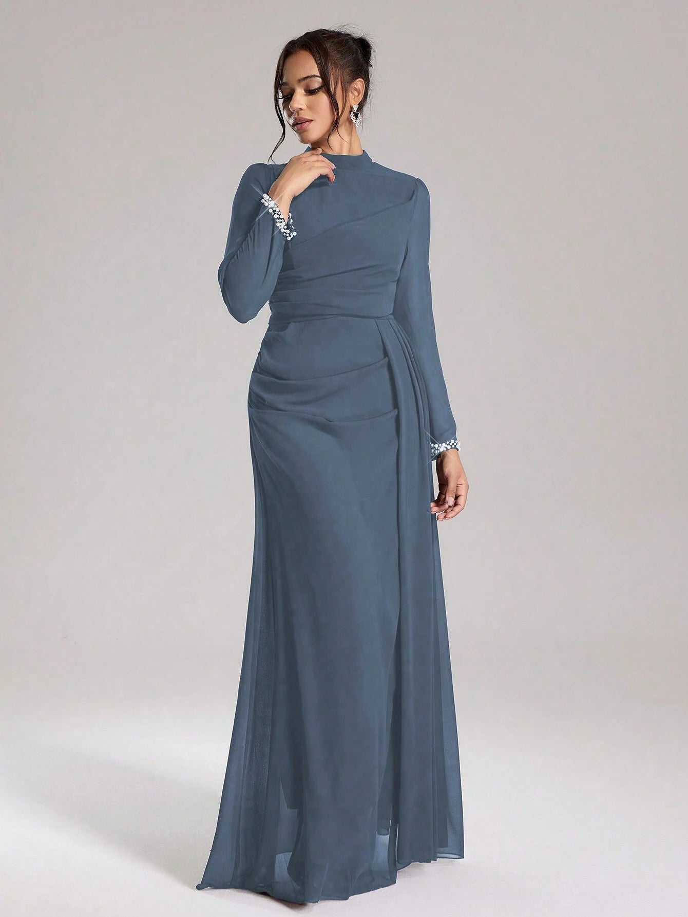 Coutiva Sequin Pearl Cuff Elegant Formal Long Sleeve Dress shein