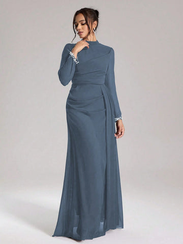 Coutiva Sequin Pearl Cuff Elegant Formal Long Sleeve Dress