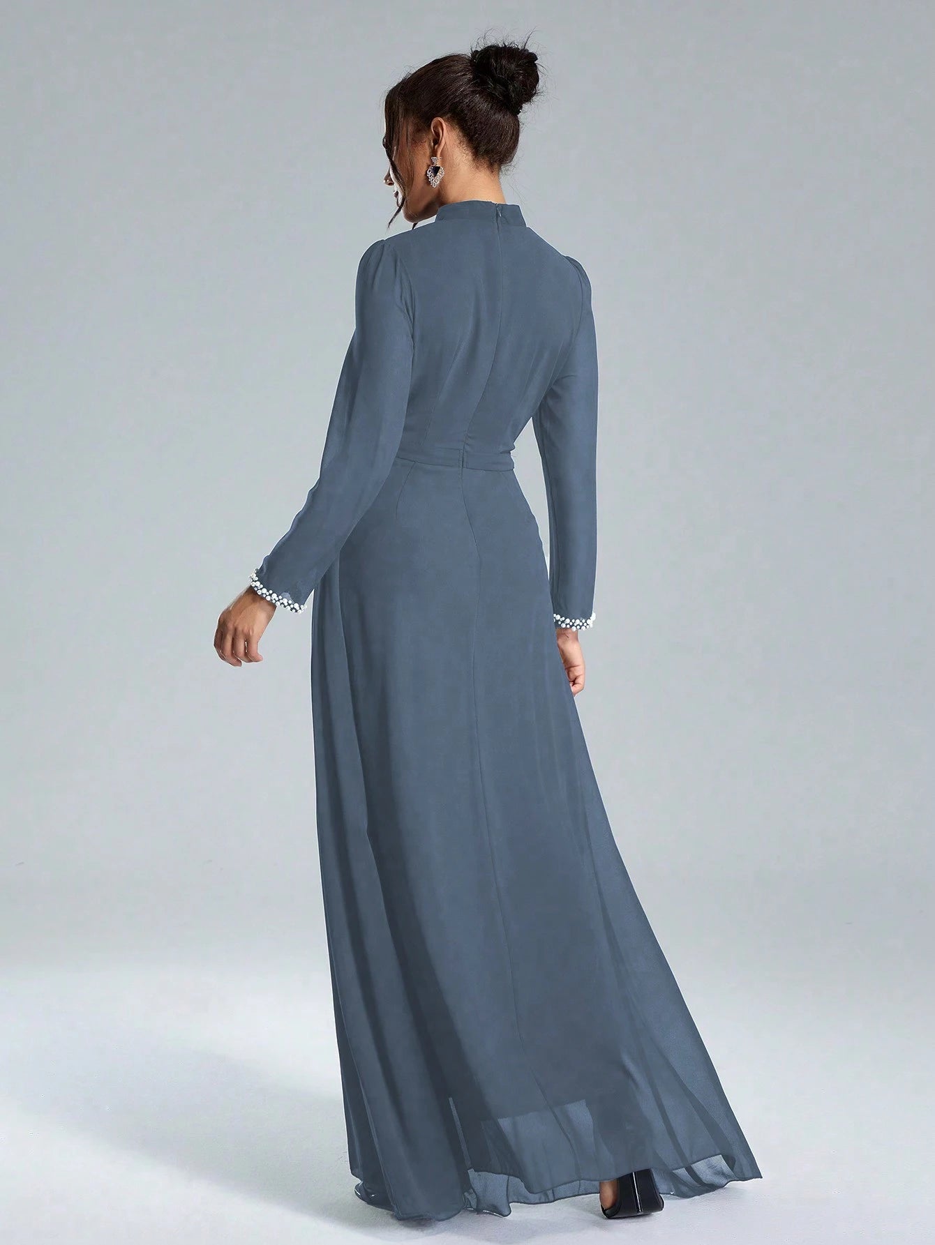 Coutiva Sequin Pearl Cuff Elegant Formal Long Sleeve Dress shein
