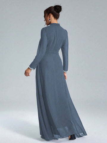 Coutiva Sequin Pearl Cuff Elegant Formal Long Sleeve Dress