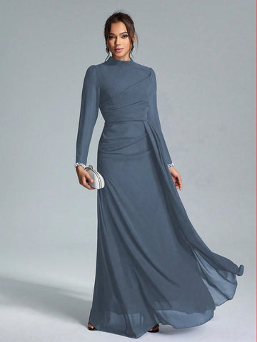 Coutiva Sequin Pearl Cuff Elegant Formal Long Sleeve Dress