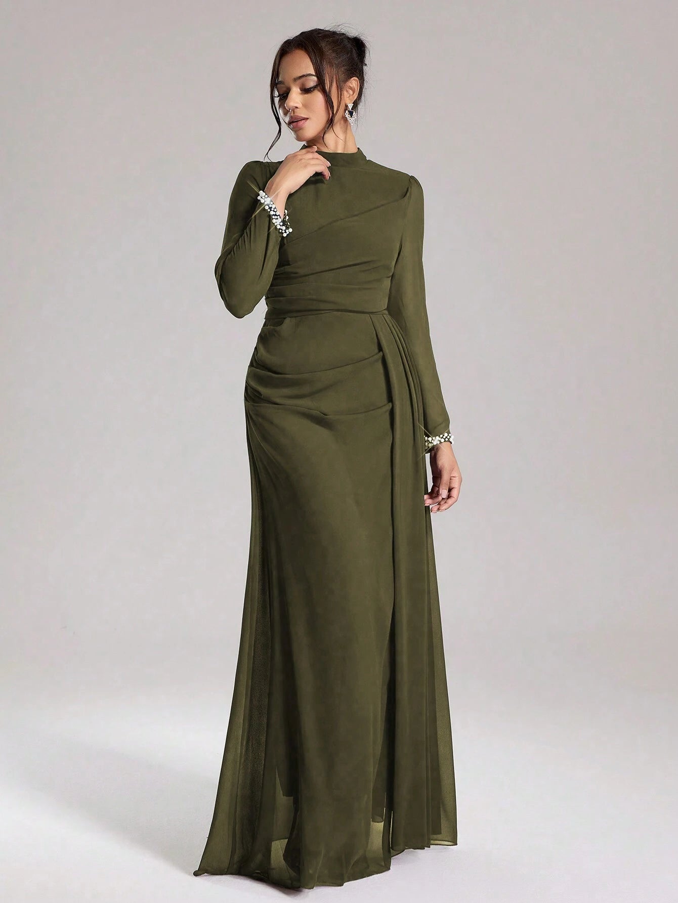 Coutiva Sequin Pearl Cuff Elegant Formal Long Sleeve Dress shein