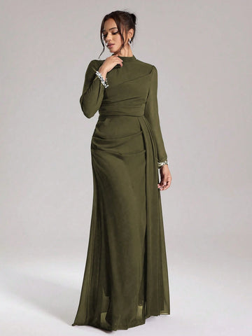 Coutiva Sequin Pearl Cuff Elegant Formal Long Sleeve Dress
