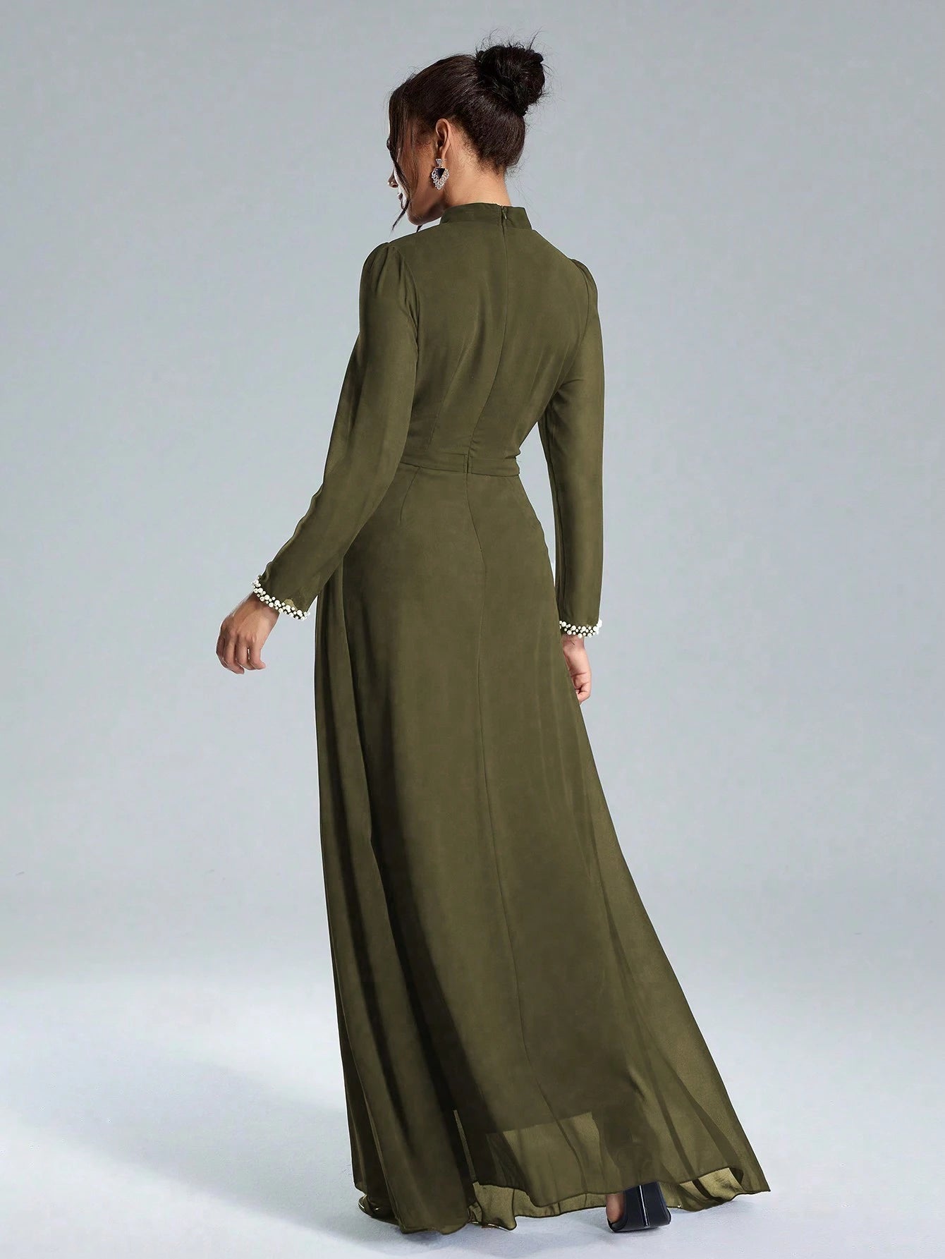Coutiva Sequin Pearl Cuff Elegant Formal Long Sleeve Dress shein