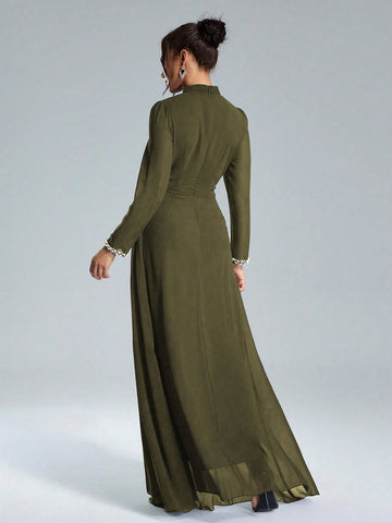 Coutiva Sequin Pearl Cuff Elegant Formal Long Sleeve Dress