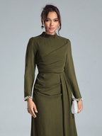 Coutiva Sequin Pearl Cuff Elegant Formal Long Sleeve Dress shein