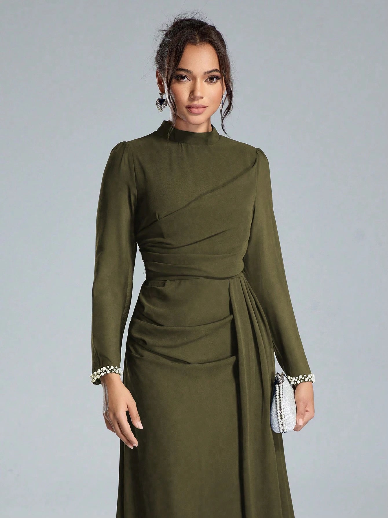 Coutiva Sequin Pearl Cuff Elegant Formal Long Sleeve Dress shein
