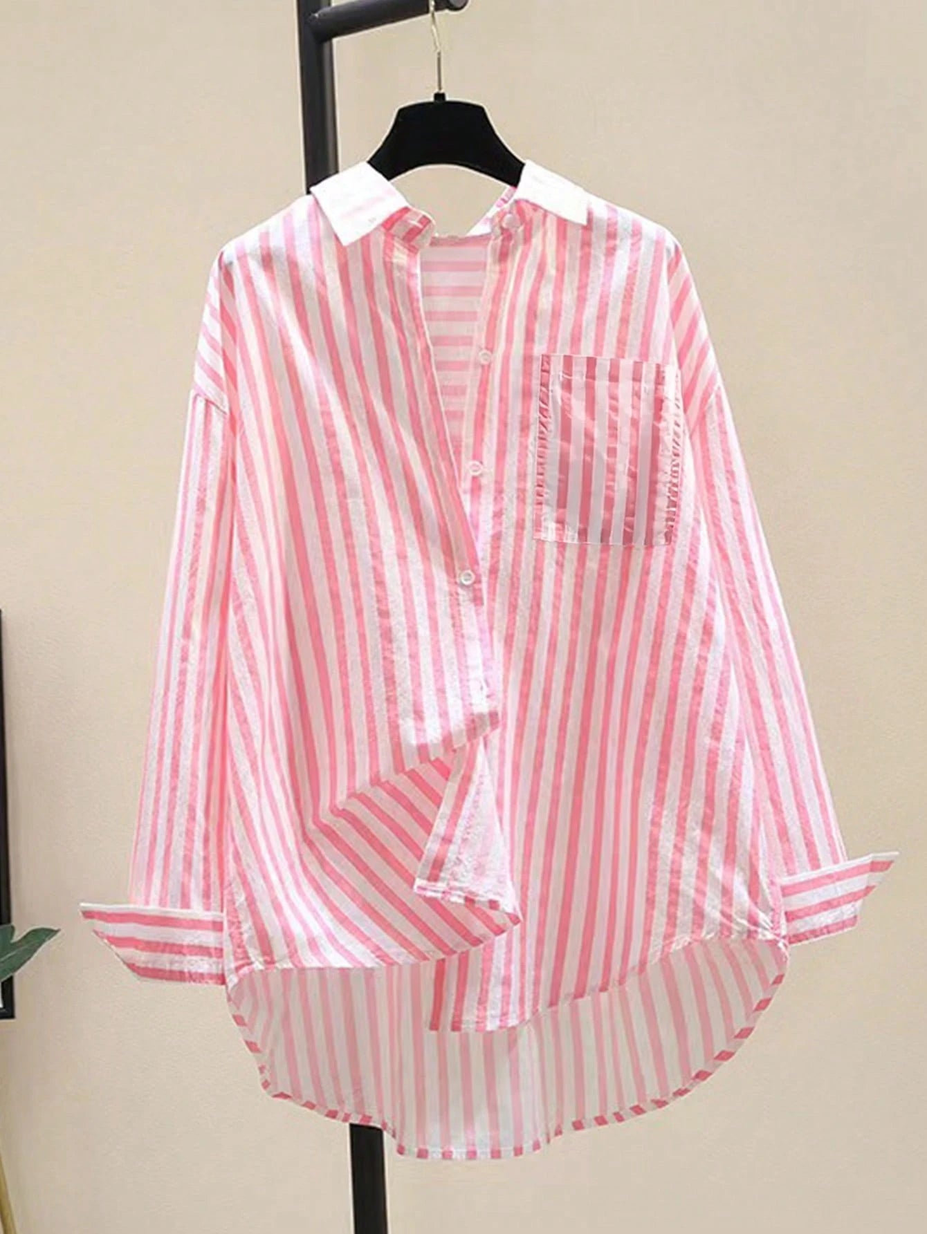 INAWLY Women's Casual Striped Print Long Sleeve Chest Pocket Shirt shein
