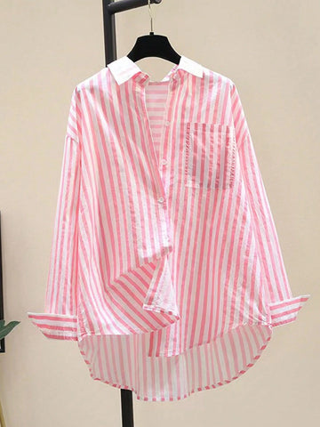 INAWLY Women's Casual Striped Print Long Sleeve Chest Pocket Shirt