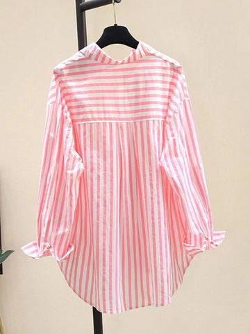 INAWLY Women's Casual Striped Print Long Sleeve Chest Pocket Shirt