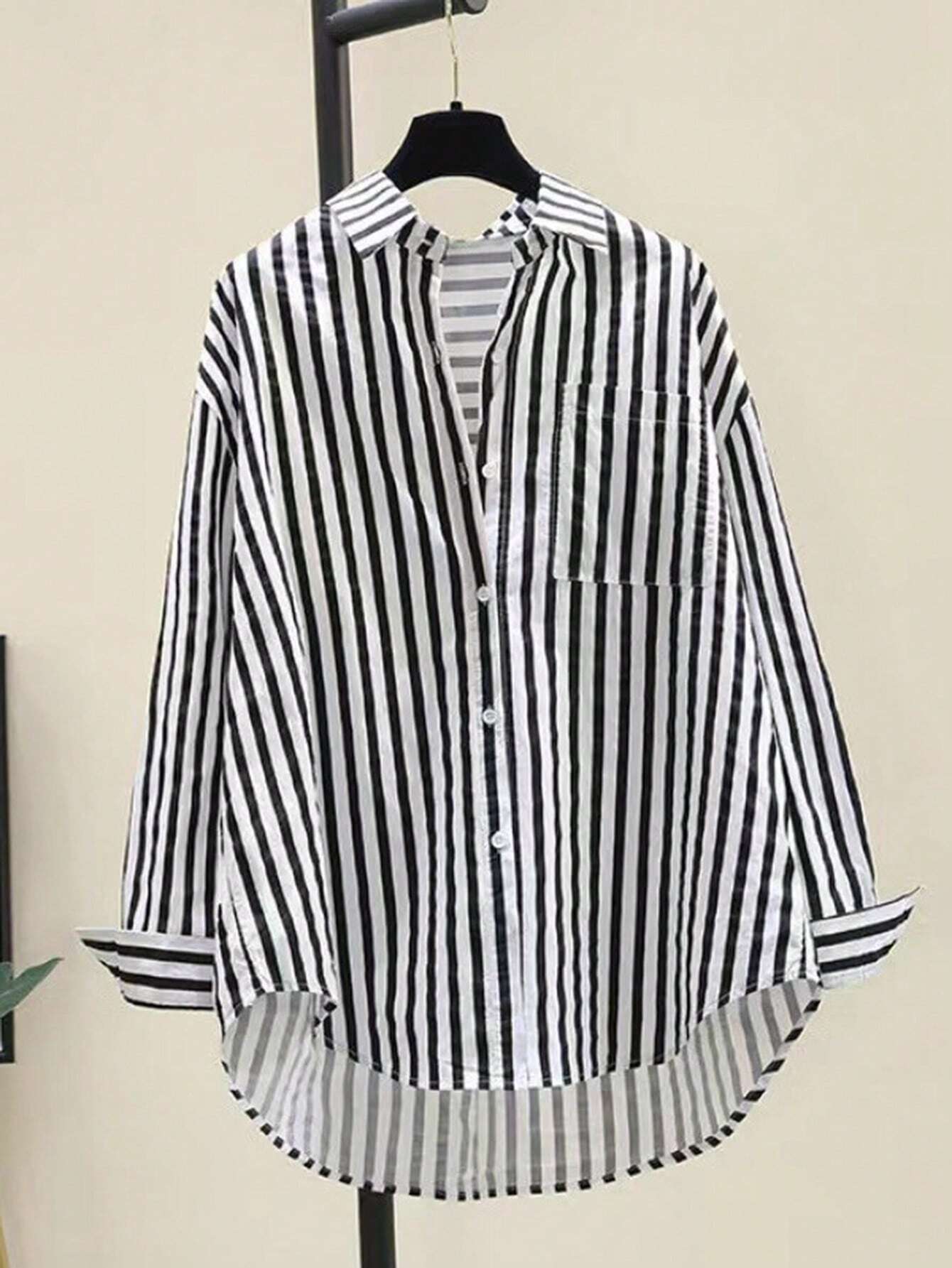 INAWLY Women's Casual Striped Print Long Sleeve Chest Pocket Shirt shein