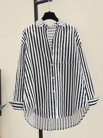INAWLY Women's Casual Striped Print Long Sleeve Chest Pocket Shirt