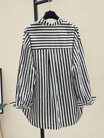 INAWLY Women's Casual Striped Print Long Sleeve Chest Pocket Shirt