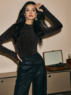 Poéselle Women's Long Sleeve Modified Fit Fashion Shiny Party Bottoming T-Shirt shein