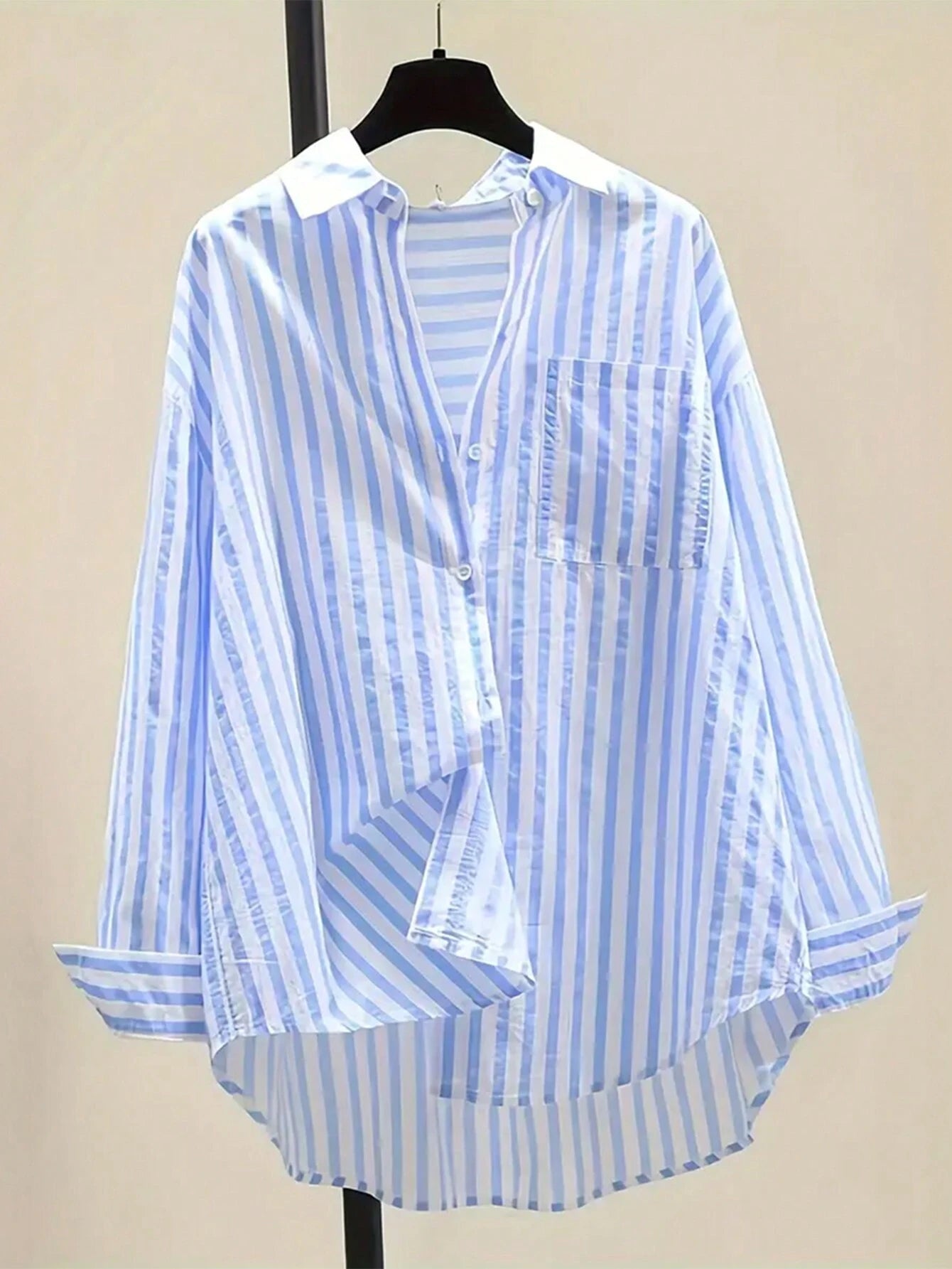 INAWLY Women's Casual Striped Print Long Sleeve Chest Pocket Shirt shein