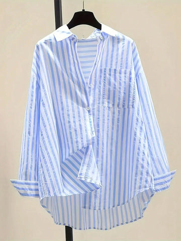 INAWLY Women's Casual Striped Print Long Sleeve Chest Pocket Shirt