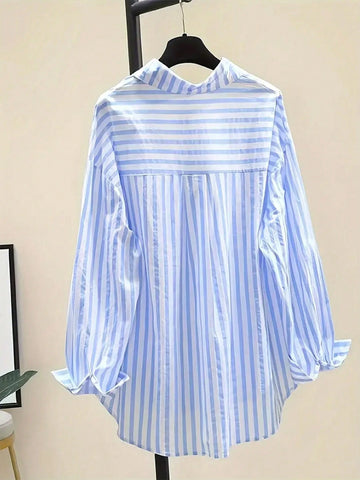 INAWLY Women's Casual Striped Print Long Sleeve Chest Pocket Shirt