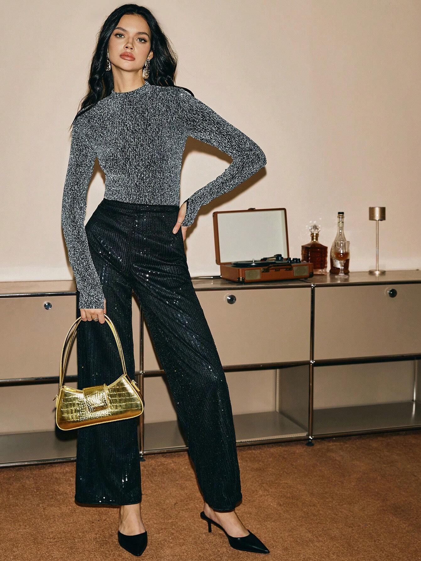 Poéselle Women's Long Sleeve Modified Fit Fashion Shiny Party Bottoming T-Shirt shein