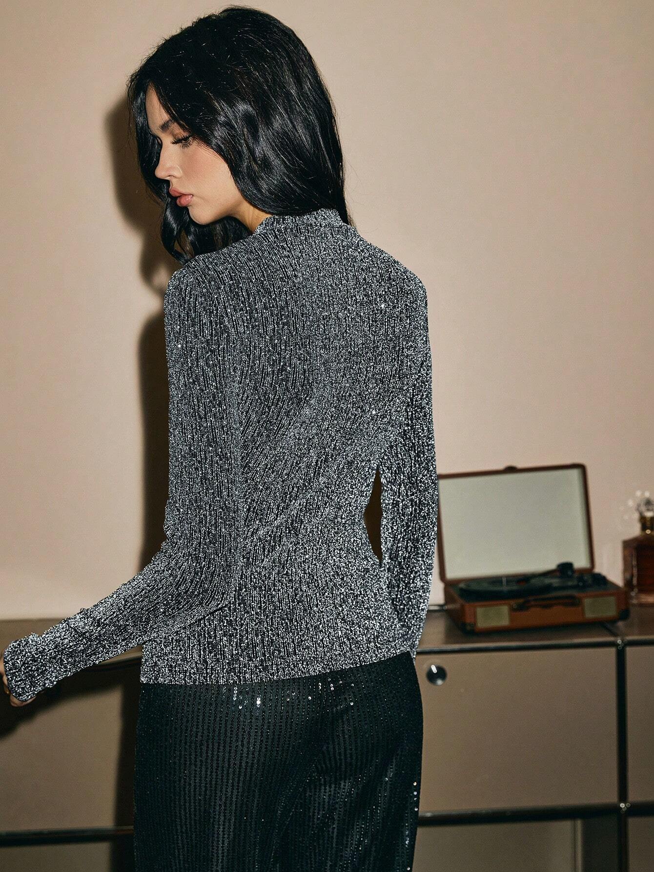 Poéselle Women's Long Sleeve Modified Fit Fashion Shiny Party Bottoming T-Shirt shein