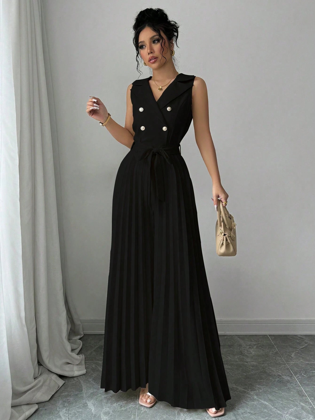 Elenzga Women's Elegant Double-Breasted Pleated Jumpsuit