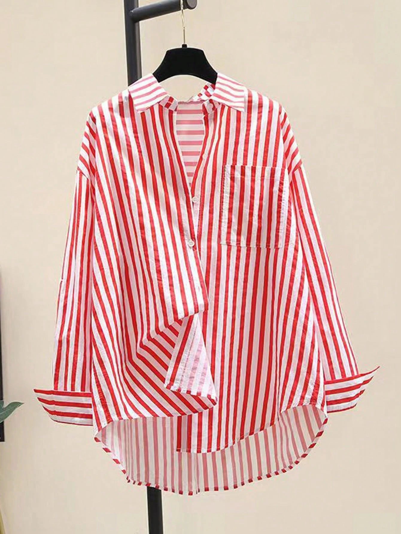 INAWLY Women's Casual Striped Print Long Sleeve Chest Pocket Shirt shein