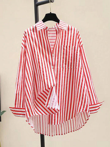 INAWLY Women's Casual Striped Print Long Sleeve Chest Pocket Shirt