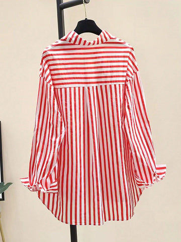 INAWLY Women's Casual Striped Print Long Sleeve Chest Pocket Shirt
