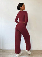 Solid Color Round Neck Top With Exposed Stitching And Waist Belt & Pocket Detail Pants shein