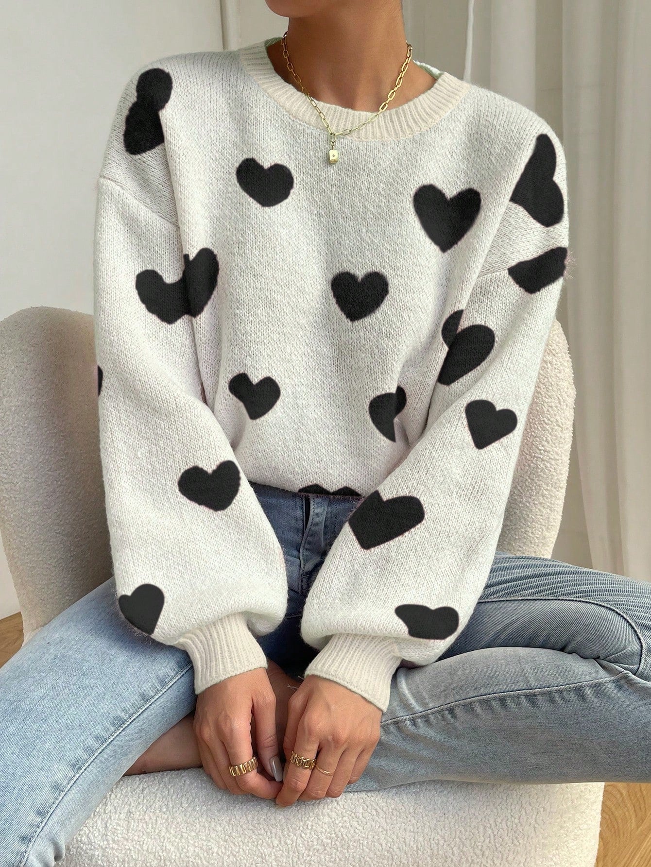 Relaxiva Women Casual Heart Pattern Dropped Shoulder Loose Knit Sweater