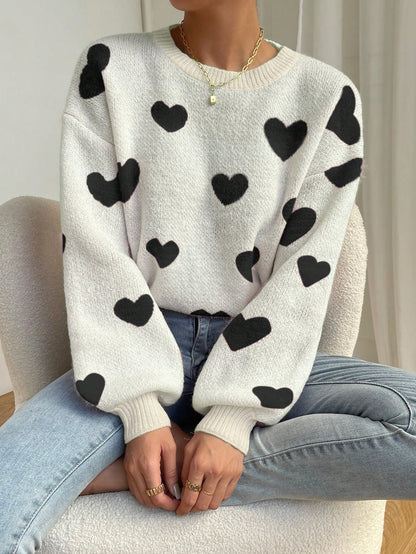 Relaxiva Women Casual Heart Pattern Dropped Shoulder Loose Knit Sweater