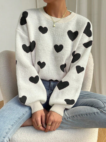 Relaxiva Women Casual Heart Pattern Dropped Shoulder Loose Knit Sweater