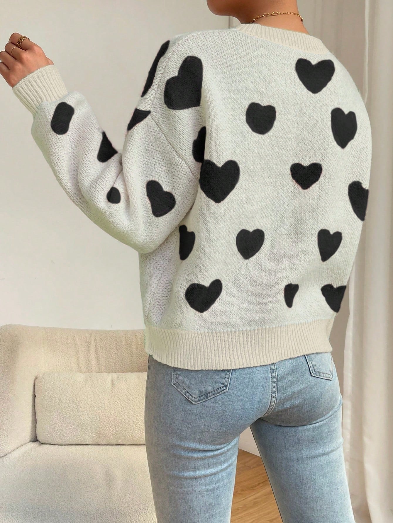Relaxiva Women Casual Heart Pattern Dropped Shoulder Loose Knit Sweater shein
