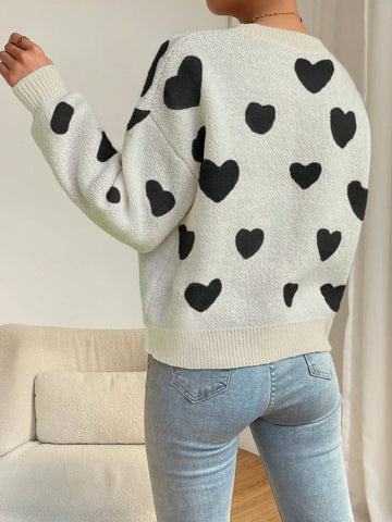 Relaxiva Women Casual Heart Pattern Dropped Shoulder Loose Knit Sweater