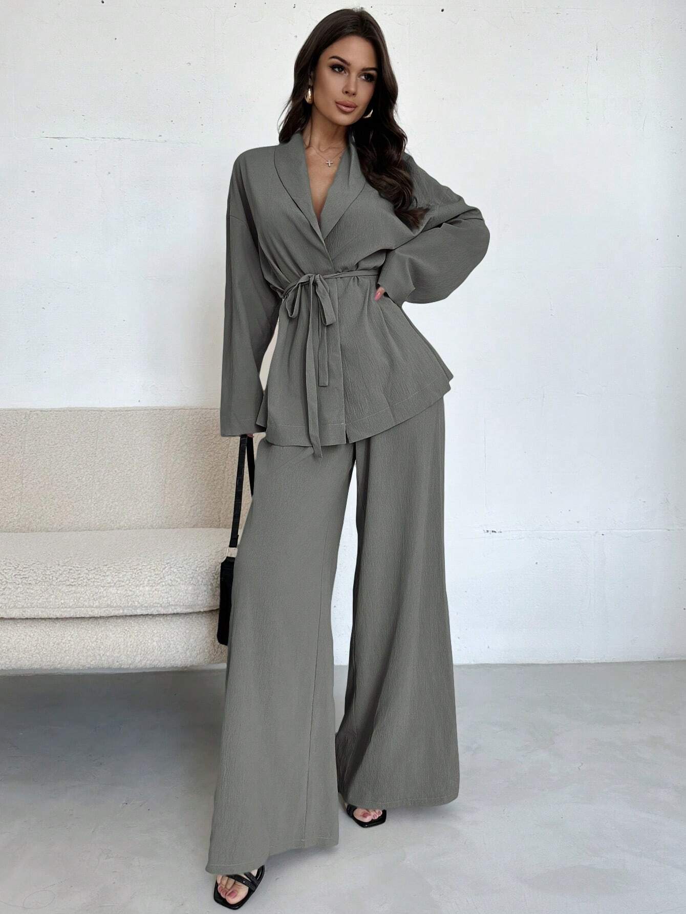 Women Collar Tie Waist Loose Shacket With High Waist Soft Pants shein