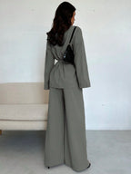 Women Collar Tie Waist Loose Shacket With High Waist Soft Pants shein