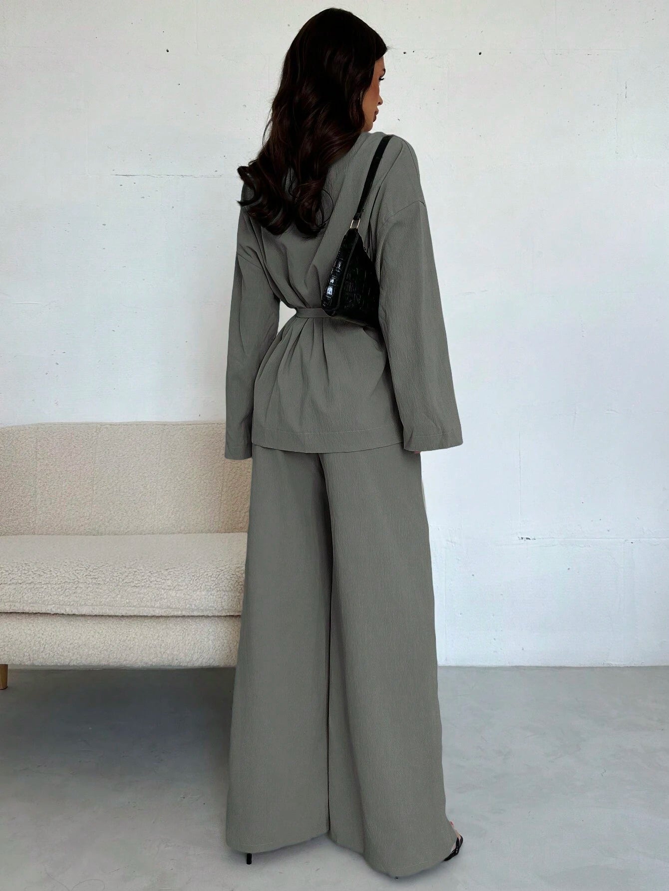 Women Collar Tie Waist Loose Shacket With High Waist Soft Pants shein