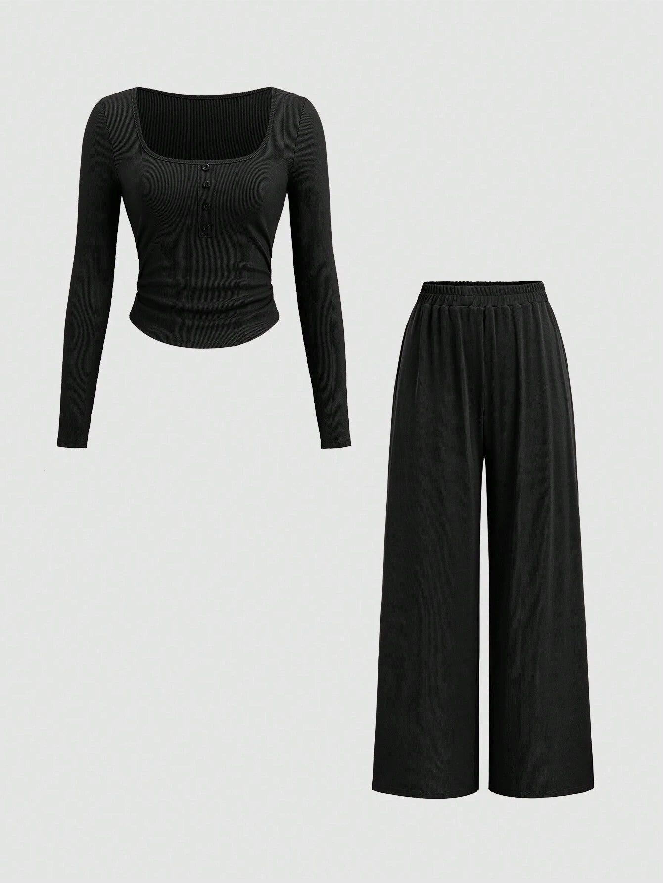 Fine Ribbed Crew Neck Button Top & Elastic Waist Straight Leg Pants shein