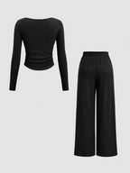 Fine Ribbed Crew Neck Button Top & Elastic Waist Straight Leg Pants shein